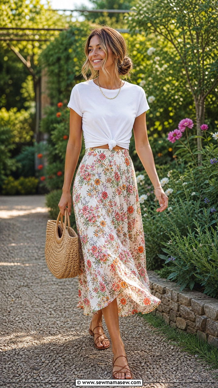Knotted T Shirt With Floral Midi Skirt and Strappy Sandals - 35 how to style basic t-shirt