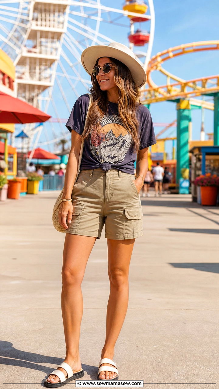 Knotted Tee with Cargo Shorts and Slides - 30 summer cargo pants outfit ideas