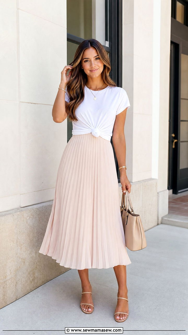 Knotted White Tee with Pleated Midi Skirt - 30 College outfit ideas cute 2026