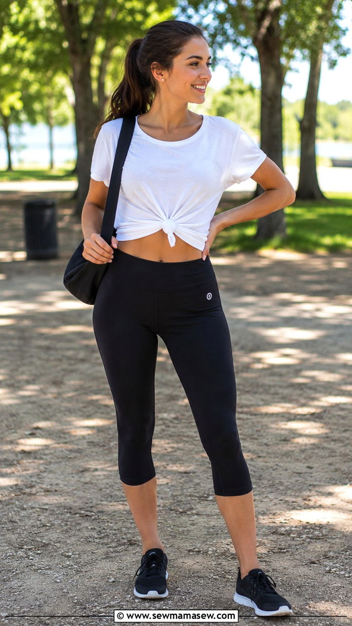 Knotted tee and capri leggings - 25 Postpartum gym outfit ideas
