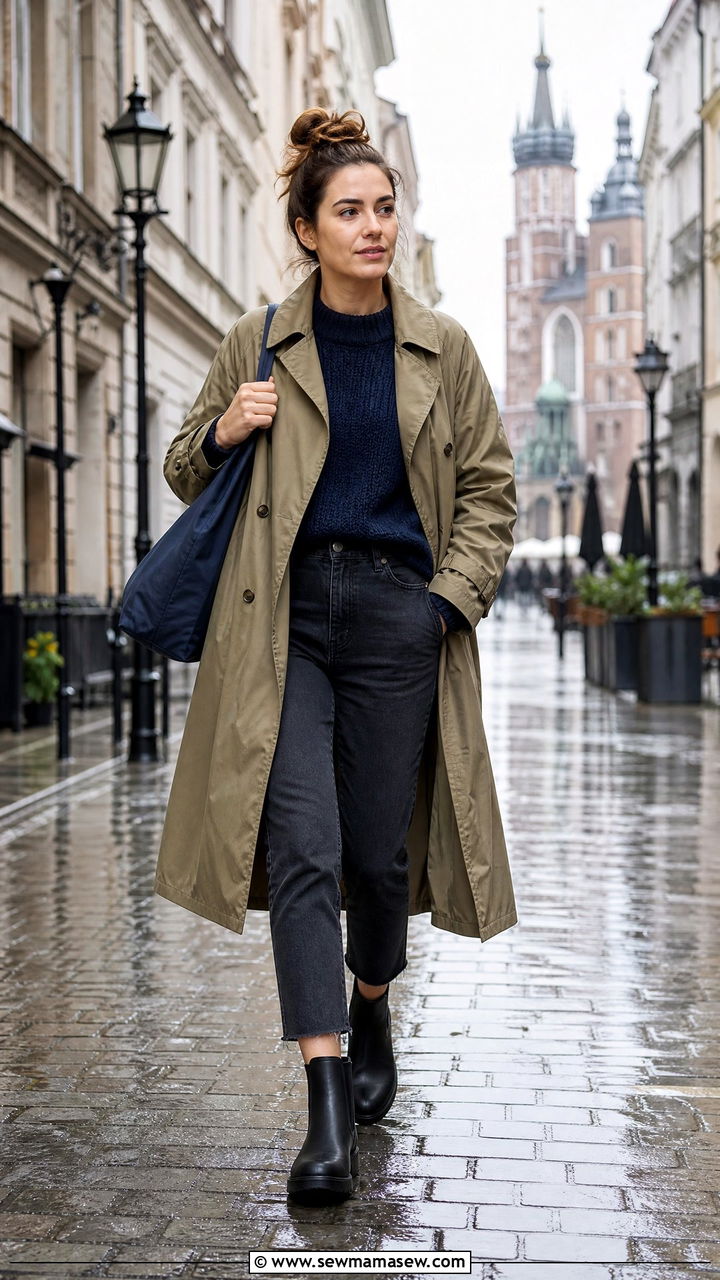 Krakow rainy day outfit with trench - 25 Krakow outfit ideas