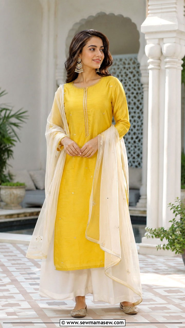 Kurta And Palazzo Set With Statement Earrings - 20 Wedding guest outfit ideas Haldi ceremony