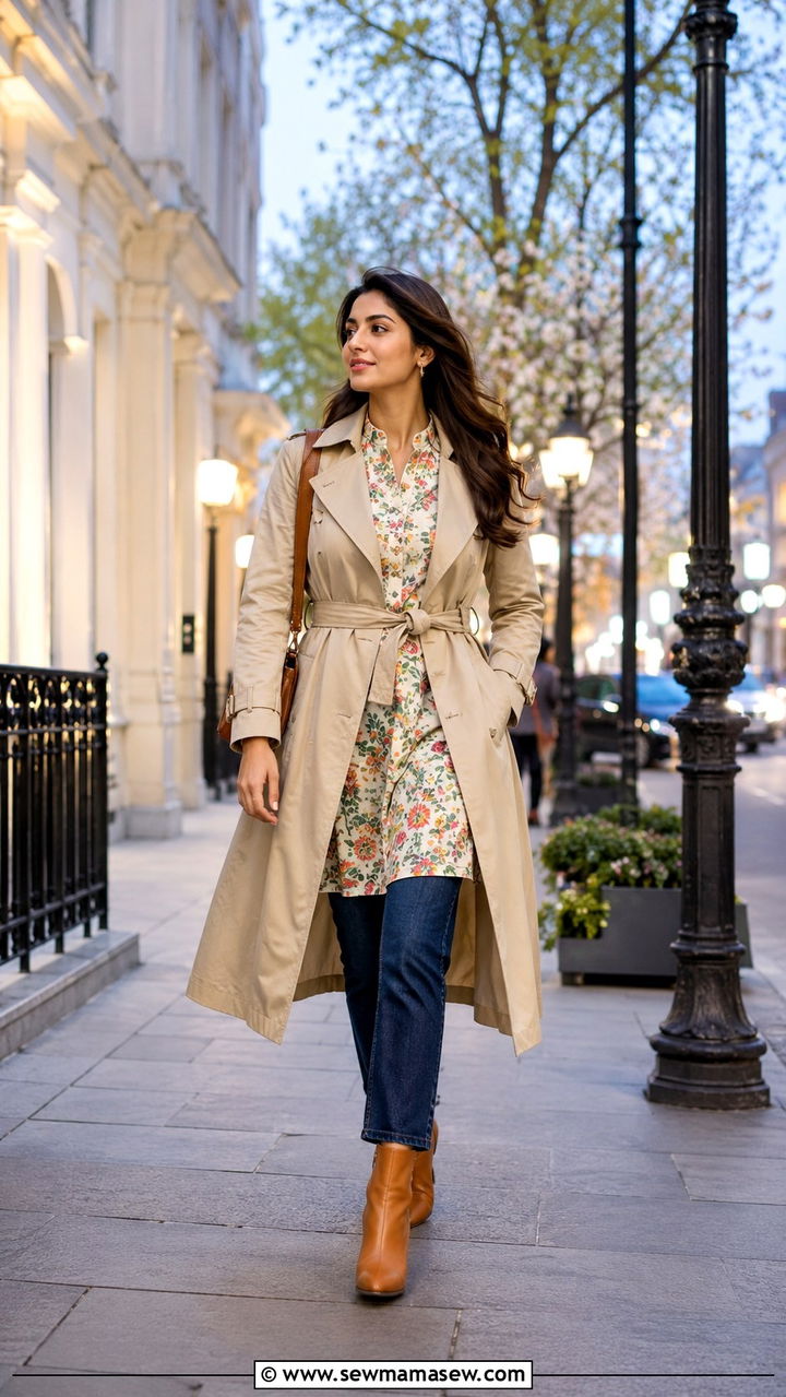 Kurta with straight jeans and a trench coat for spring evenings - 30 Lahore outfit ideas