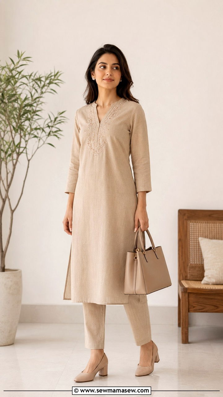 Kurta with straight trousers and block heels for office - 30 Lahore outfit ideas