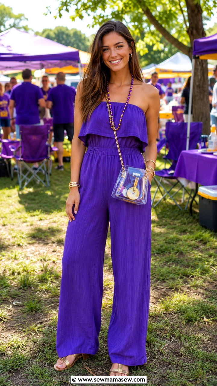 LSU romper or jumpsuit with sandals outfit - 20 Gameday outfit ideas LSU