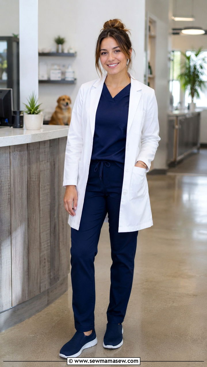Lab coat over navy scrubs - 25 Vet tech outfit ideas