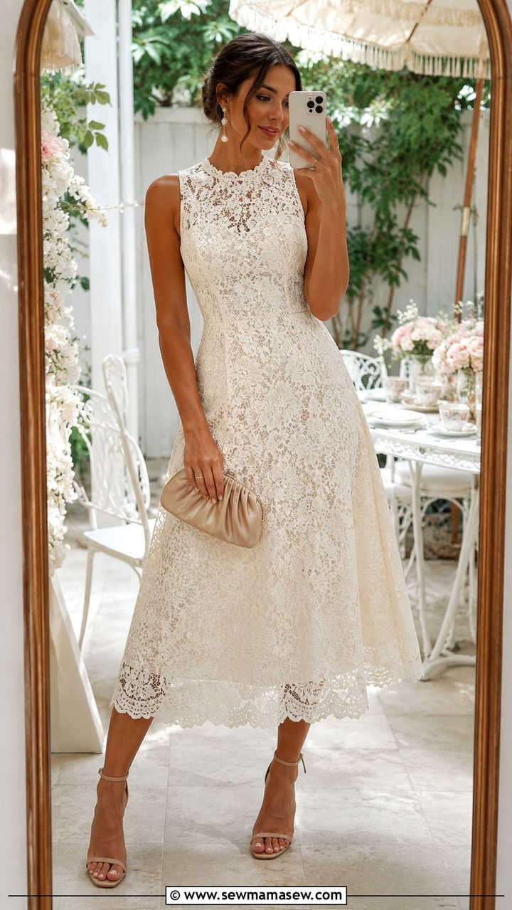 Lace A Line Dress With Nude Heels - 25 seasonal bridal shower outfit ideas