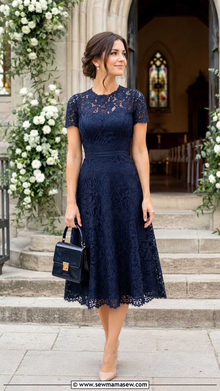Lace A Line Dress with Pointed Toe Heels - 25 Wedding guest outfit ideas A line dress