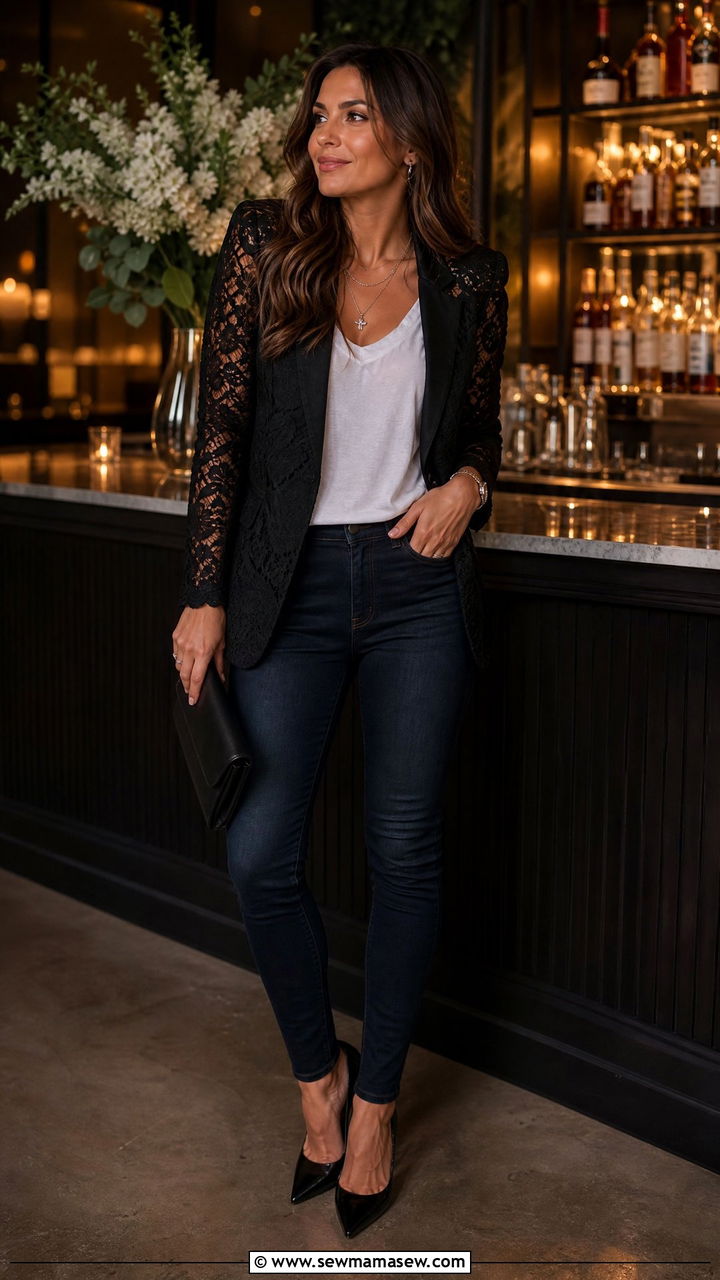Lace Blazer With Jeans And Heels Outfit - 35 lace outfits ideas