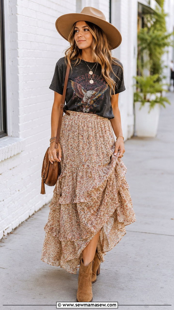 Lace Blouse And Corduroy Pants With Wide Brim Hat - 25 Boho outfit ideas with wide brim hat