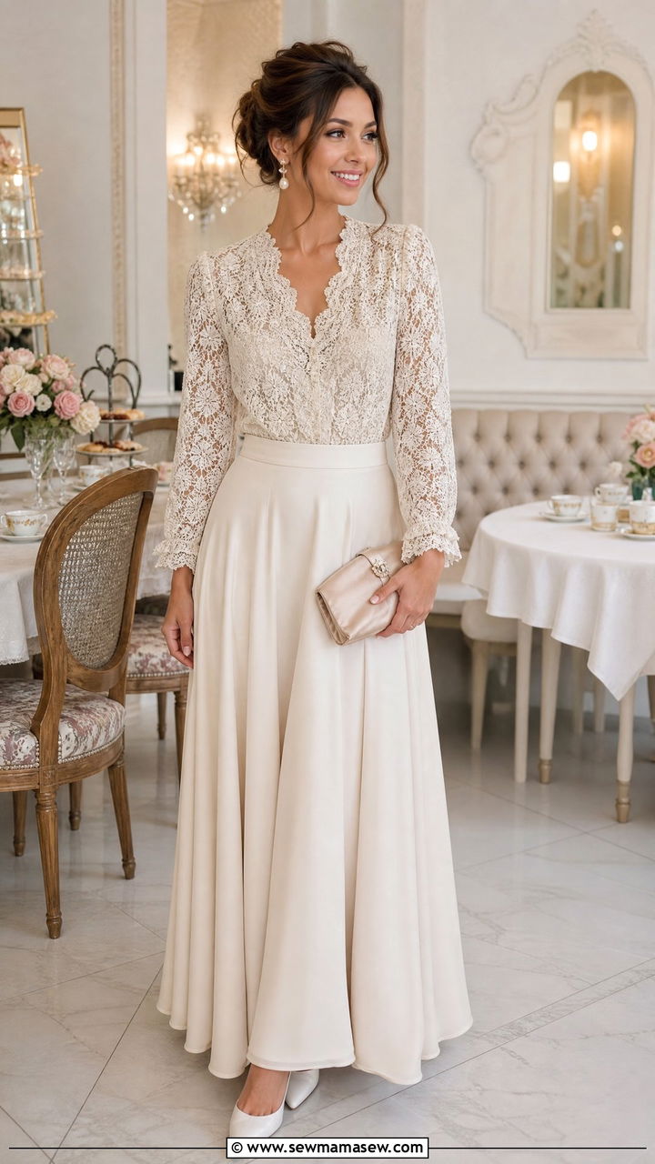 Lace Blouse And Cream Maxi Skirt Birthday Brunch - 35 Birthday brunch outfits