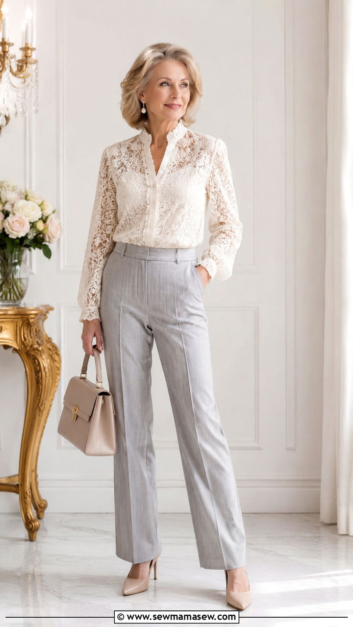 Lace Blouse And Tailored Trousers - 20 Mature woman outfit ideas 2026