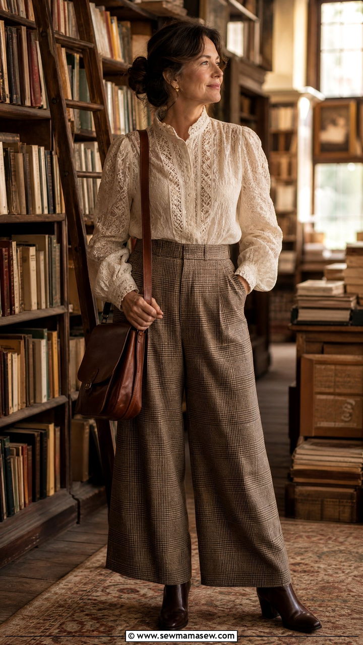 Lace Blouse Outfit with Plaid Wide Leg Trousers and Leather Satchel - 25 light academia outfit ideas for women over 40