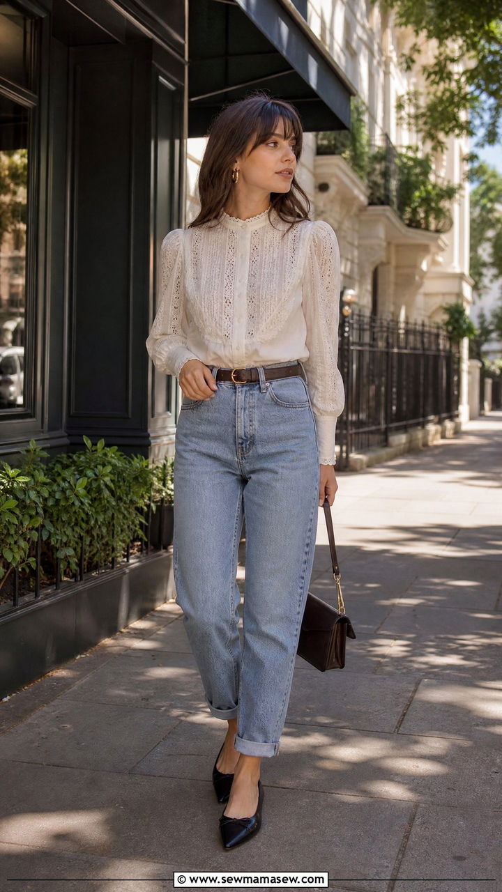 Lace Blouse Tucked Into High Waisted Mom Jeans - 25 Indie girl outfit ideas 2026