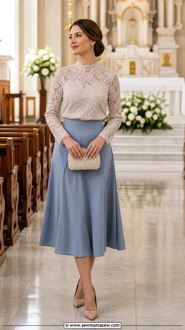 Lace Blouse Tucked Into Midi Skirt for Church Wedding - 25 How to style a midi skirt for a wedding