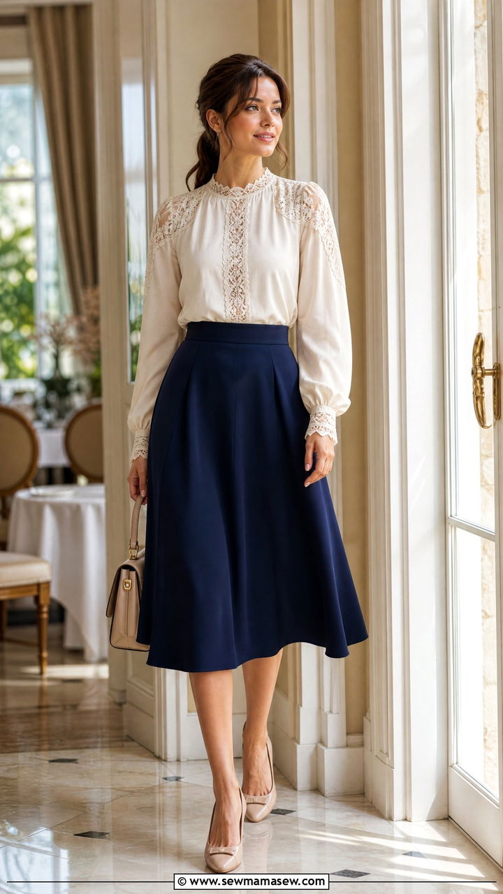 Lace Blouse With An A Line Midi Skirt And Block Heels - 25 classy lace outfits