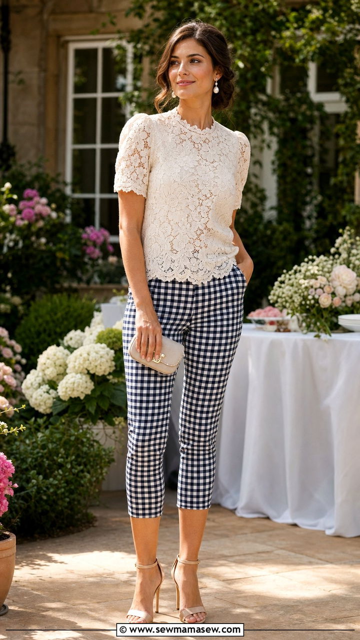 Lace Blouse With Gingham Capri Pants And Heeled Sandals - 25 summer capri pants outfit ideas
