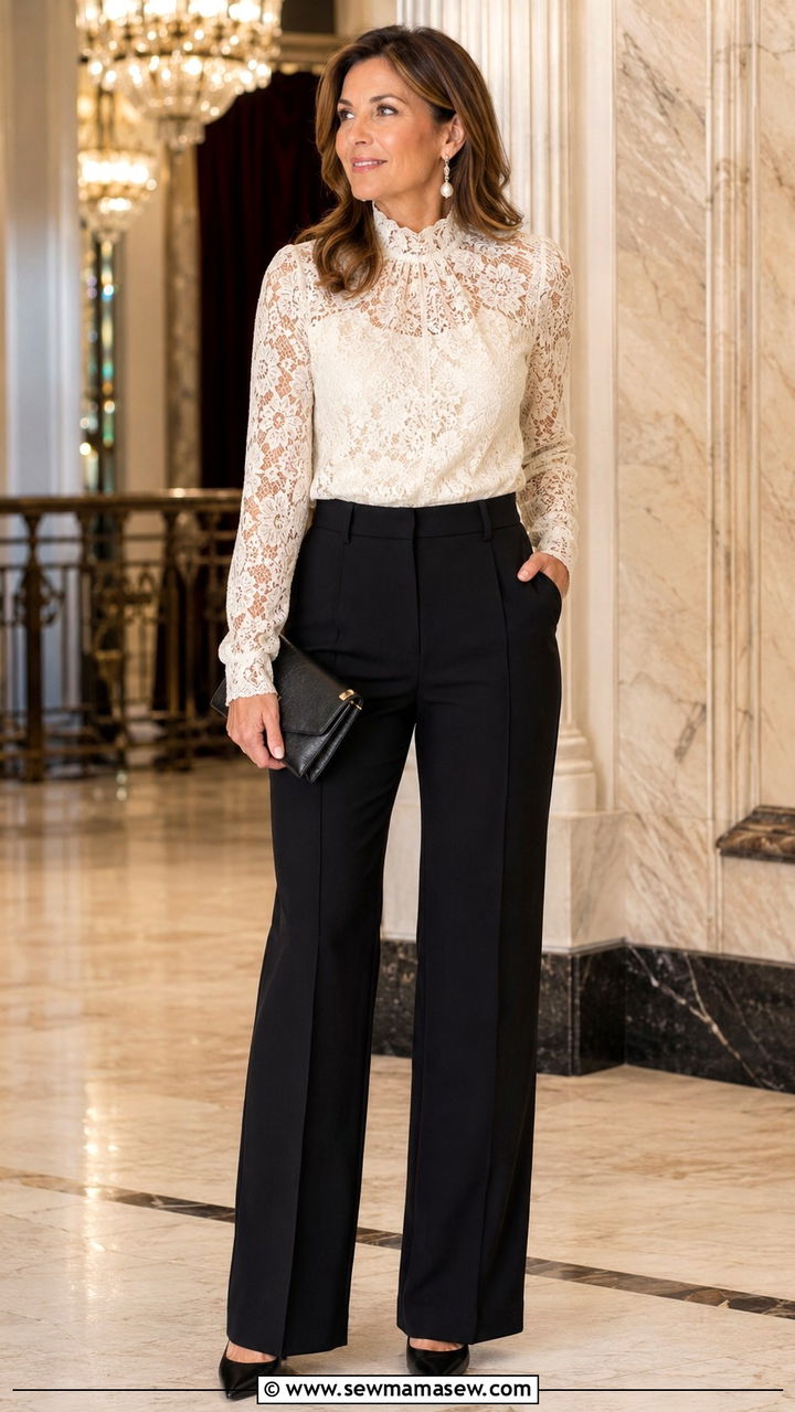 Lace Blouse With Tailored Black Trousers - 30 romantic outfit ideas for women over 40