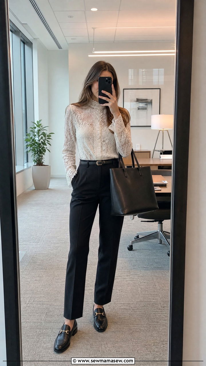 Lace Blouse With Tailored Trousers And Loafers - 25 classy lace outfits