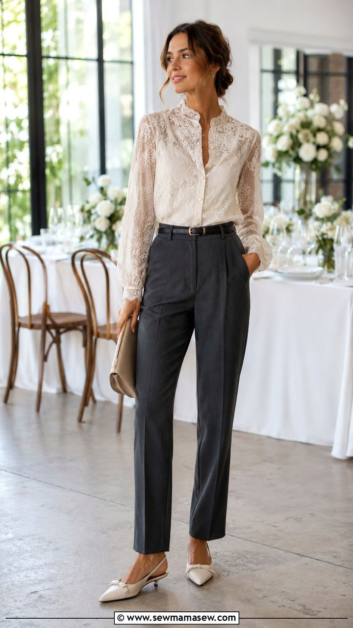 Lace Blouse With Tailored Trousers And Pointed Toe Flats - 30 classy romantic outfit ideas