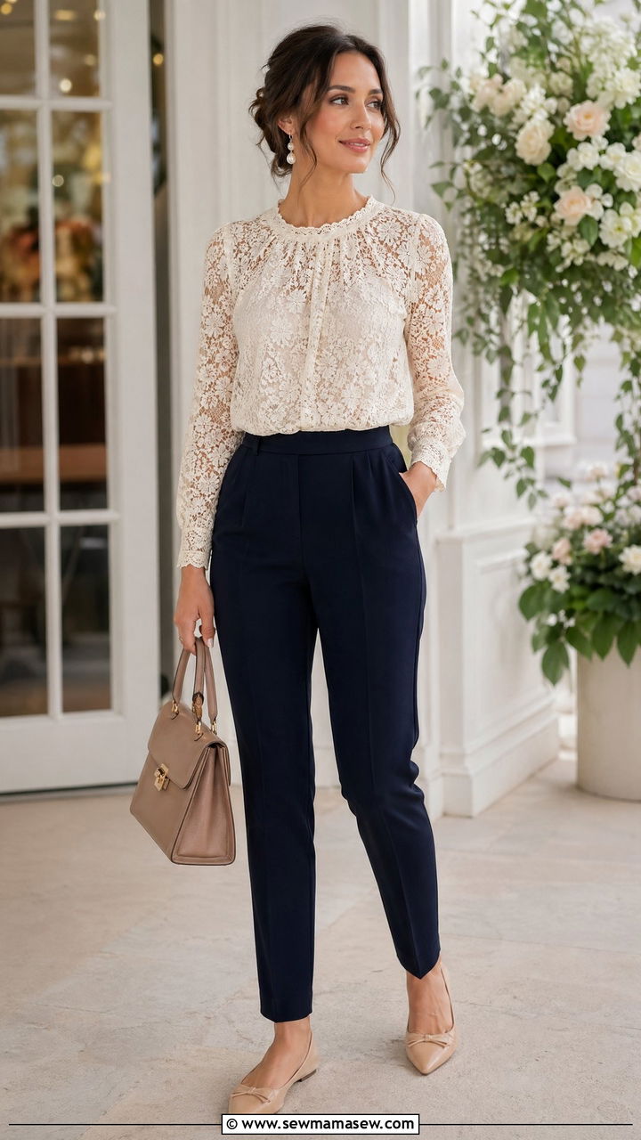 Lace Blouse With Tapered Dress Trousers And Pointed Toe Flats - 35 Dressy casual wedding guest outfit ideas