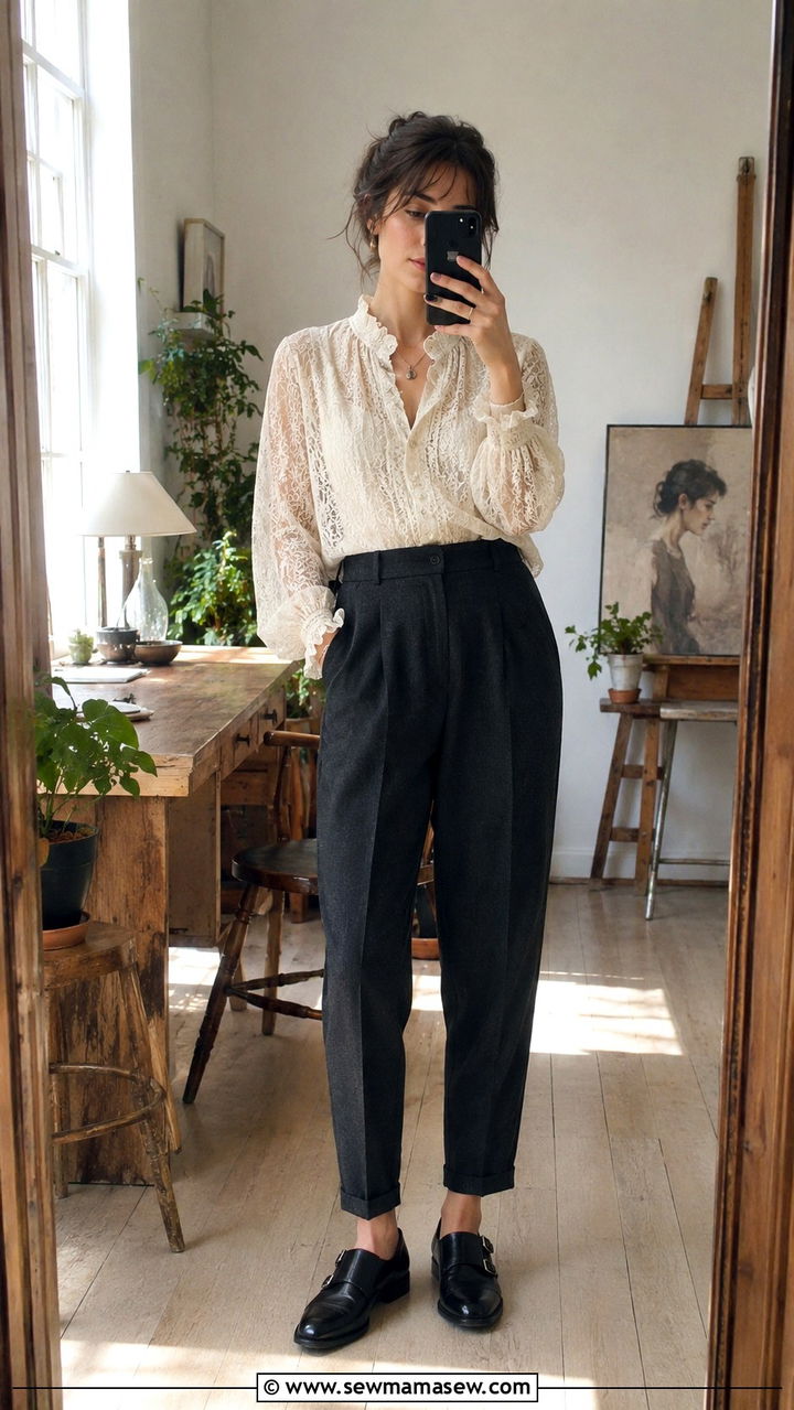 Lace Blouse With Tapered Trousers and Monk Strap Shoes - 30 casual poetcore outfits