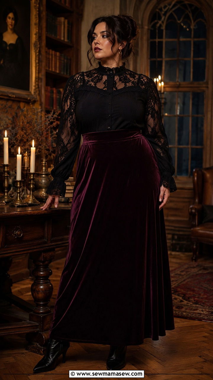 Lace Blouse With Velvet Maxi Skirt And Pointed Toe Heeled Boots - 20 Dark academia outfits for curvy women