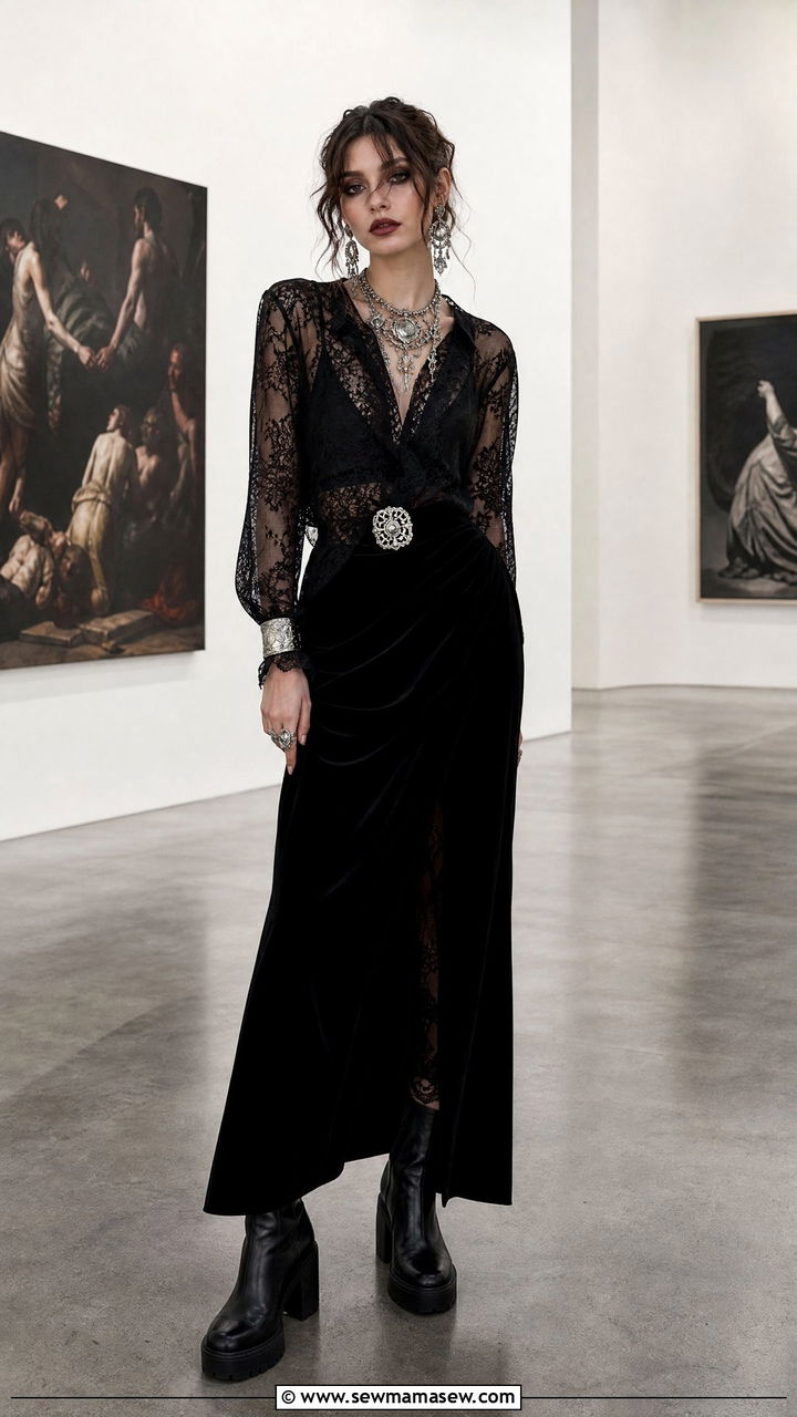 Lace Blouse With Velvet Skirt And Silver Statement Jewelry - 30 Dark romance outfit ideas