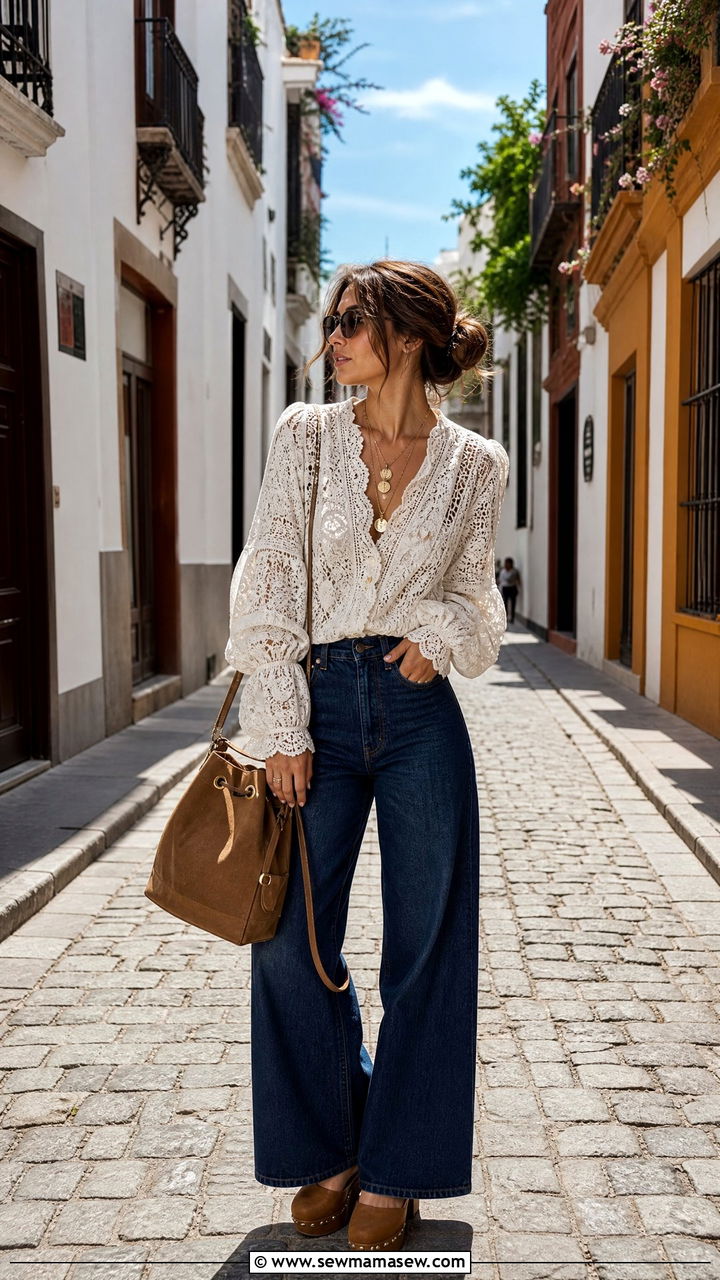 Lace Blouse With Wide Leg Denim Outfit - 25 lace outfits 2026