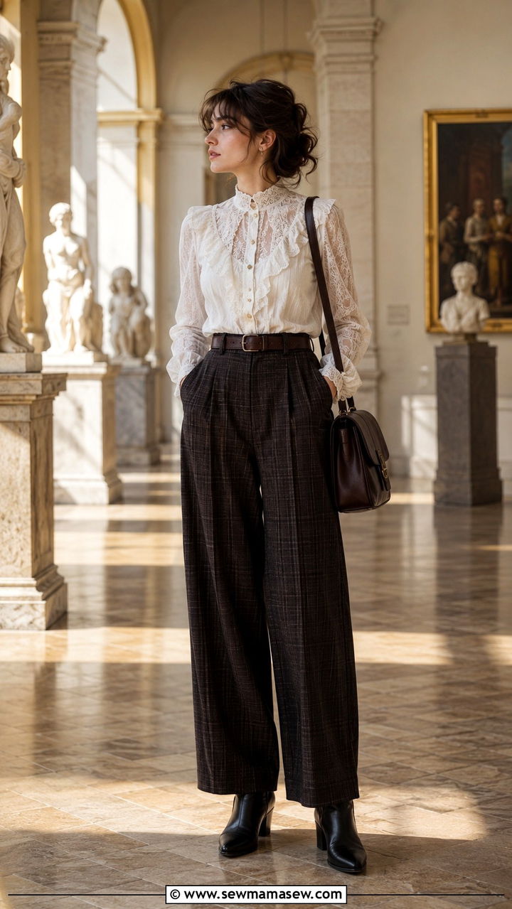 Lace Blouse With Wide Leg Plaid Trousers Outfit Light Academia - 30 casual light academia outfits