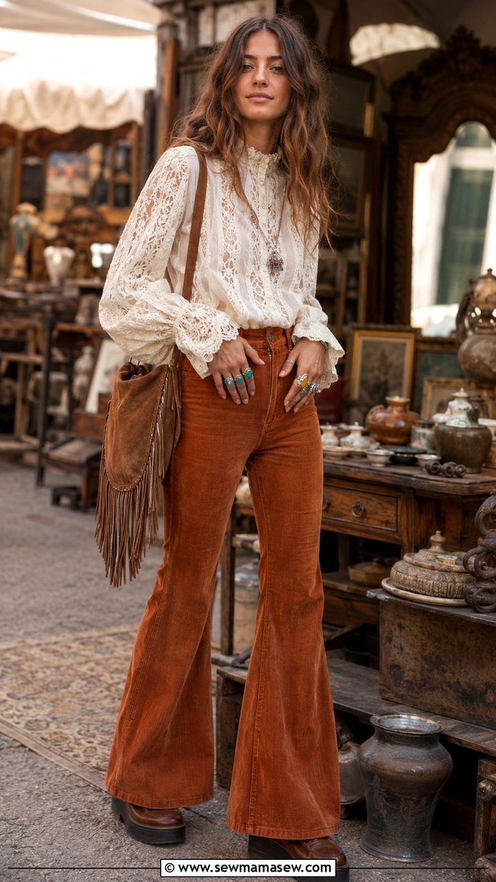 Lace Blouse and Corduroy Flares with Silver Rings - 25 Boho outfit ideas with silver rings