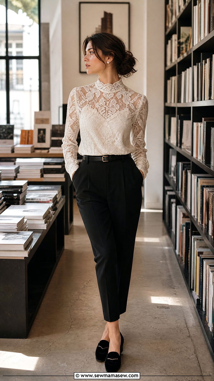Lace Blouse and Crepe Trousers with Smoking Slippers - 25 classy edgy outfit ideas