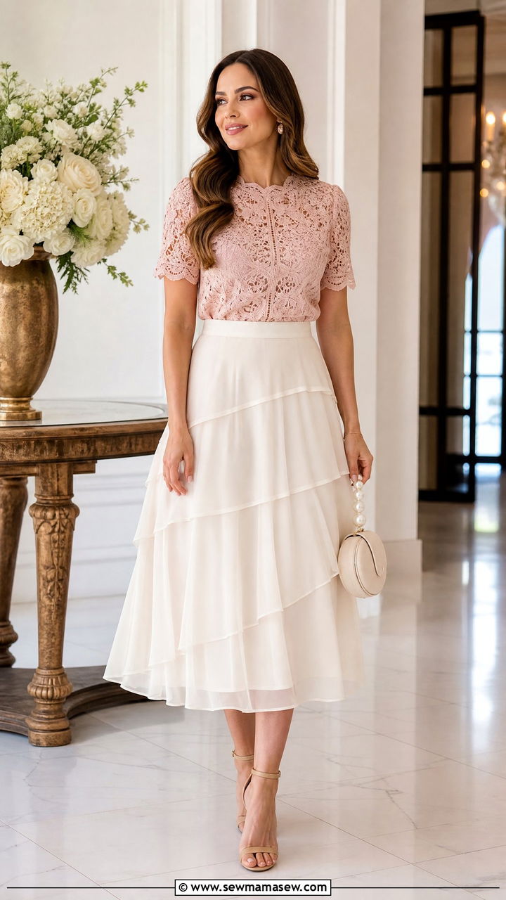Lace Blouse and Layered Midi Skirt Outfit - 30 Summer outfits with midi skirts