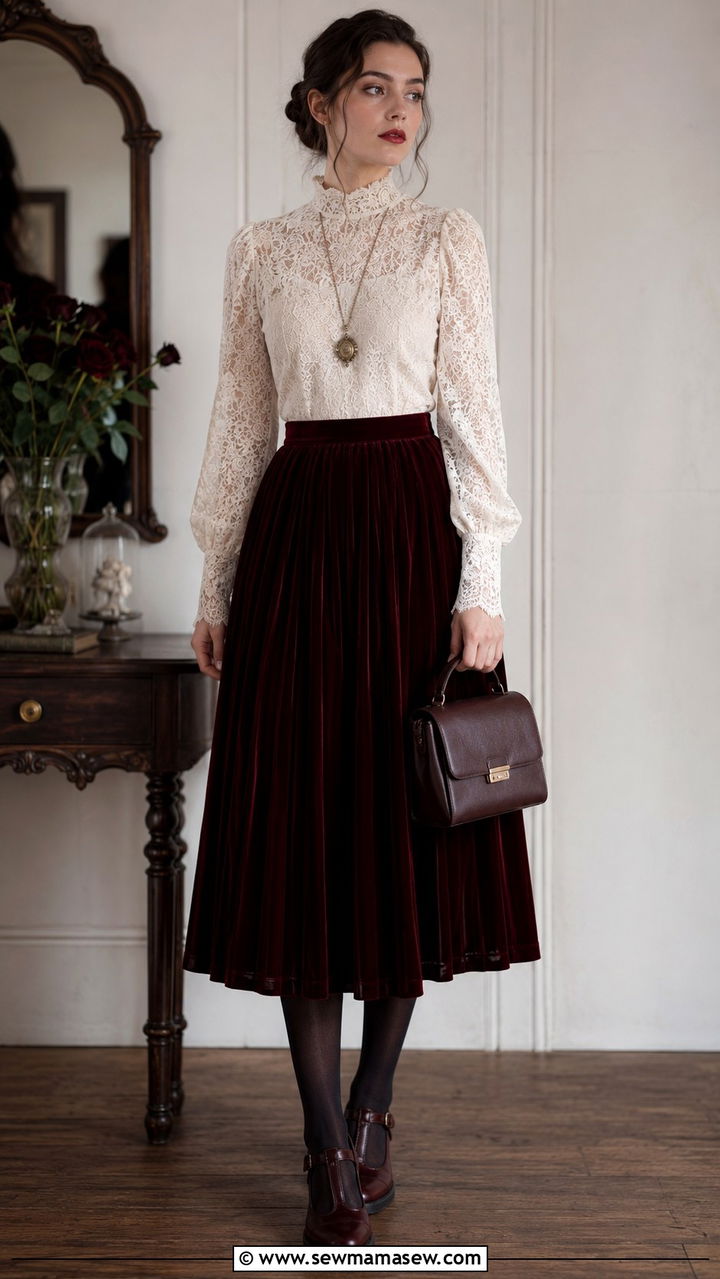 Lace Blouse and Pleated Velvet Midi Skirt - 20 Poetcore outfit ideas 2026