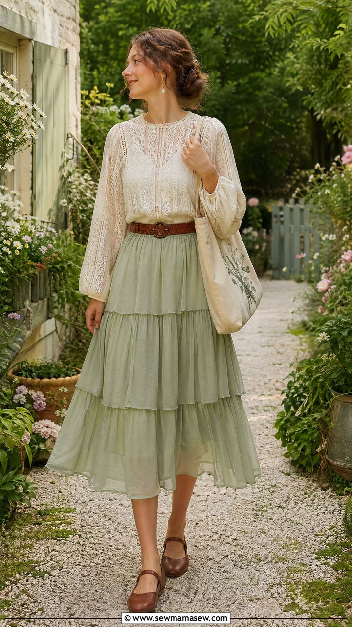 Lace Blouse and Tiered Midi Skirt Fairy Outfit - 35 Fairycore outfit ideas