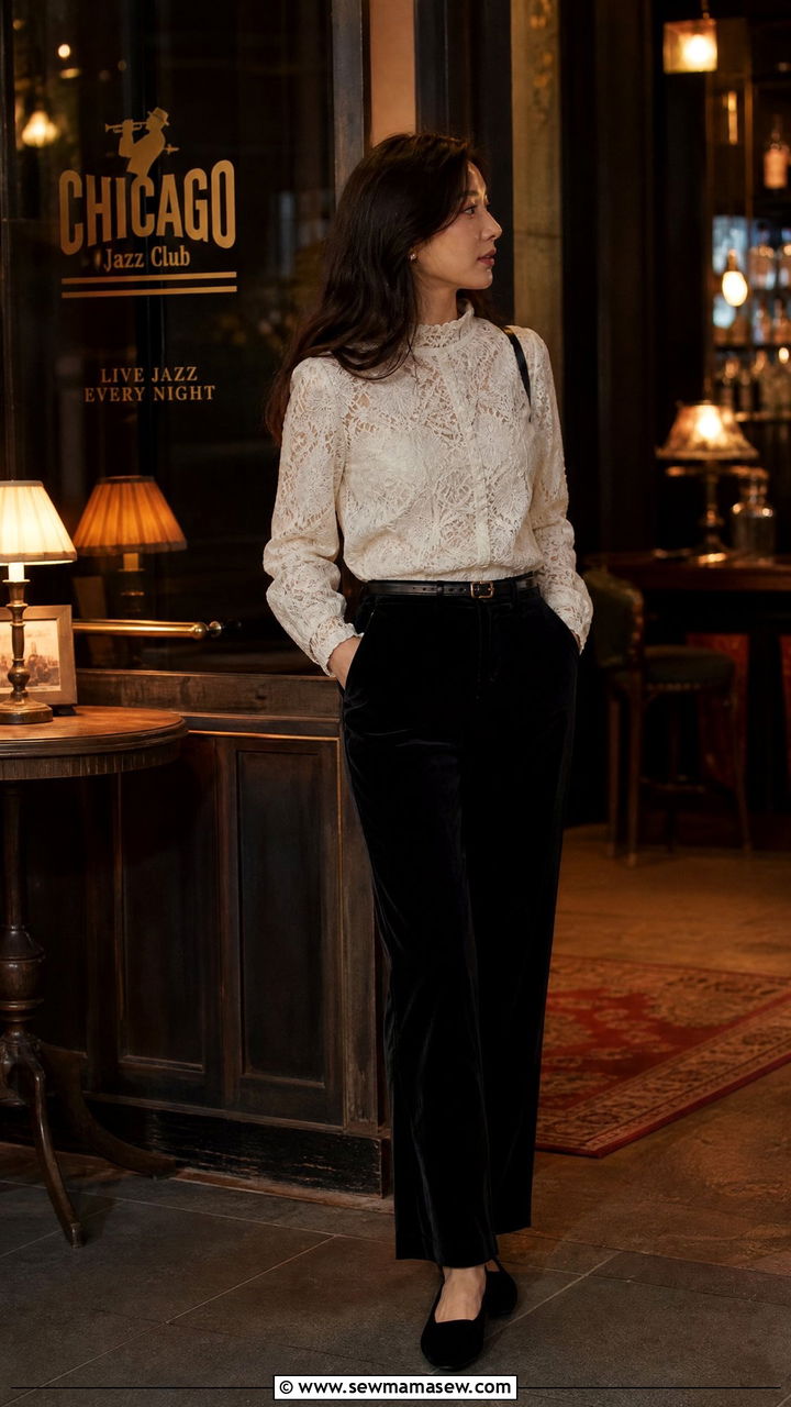 Lace Blouse and Velvet Trousers Outfit - 40 What to wear in Seoul