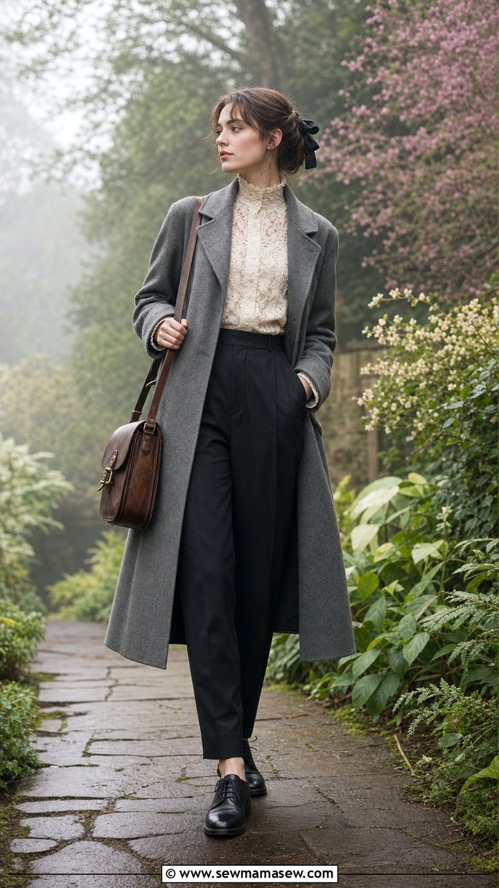 Lace Blouse and Vintage Wool Coat - 25 spring dark academia outfits