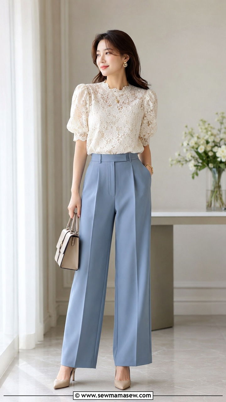 Lace Blouse and Wide Leg Trousers - 30 spring outfits for office women