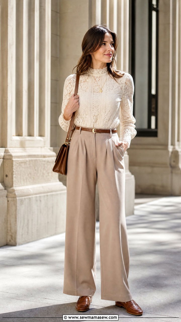 Lace Blouse with High Waisted Trousers and Loafers - 30 Cottagecore spring outfits