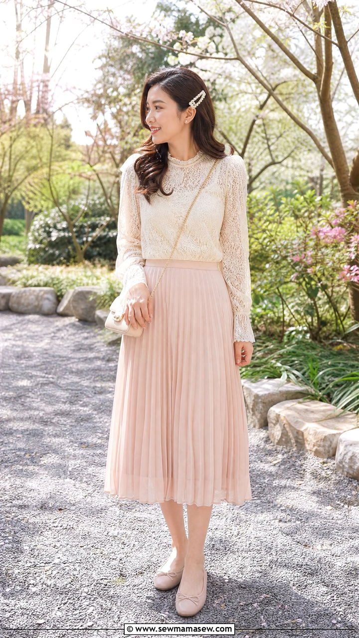 Lace Blouse with Pleated Skirt - 30 Feminine outfit ideas