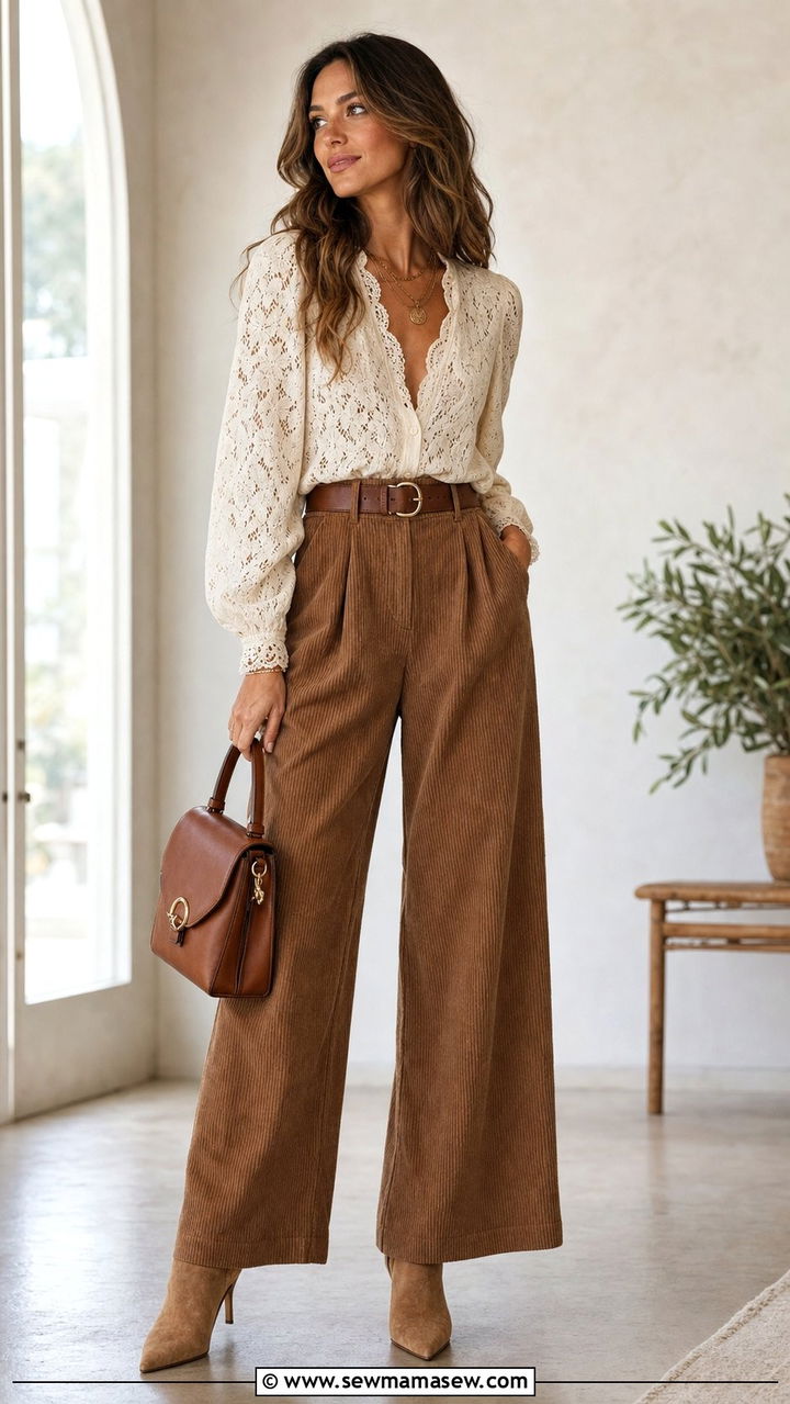 Lace Blouse with Wide Leg Corduroy Pants and Suede Boots - 35 casual boho outfits