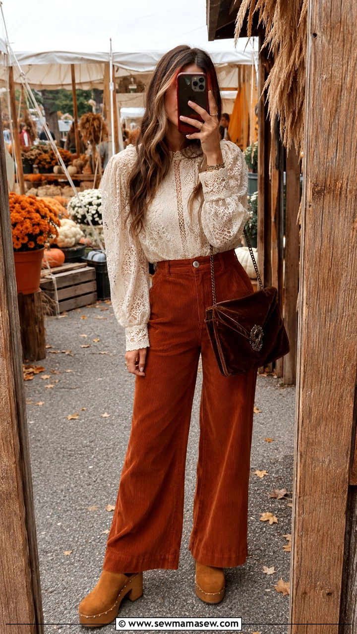 Lace Blouse with Wide Leg Corduroys - 30 classy boho chic outfit ideas