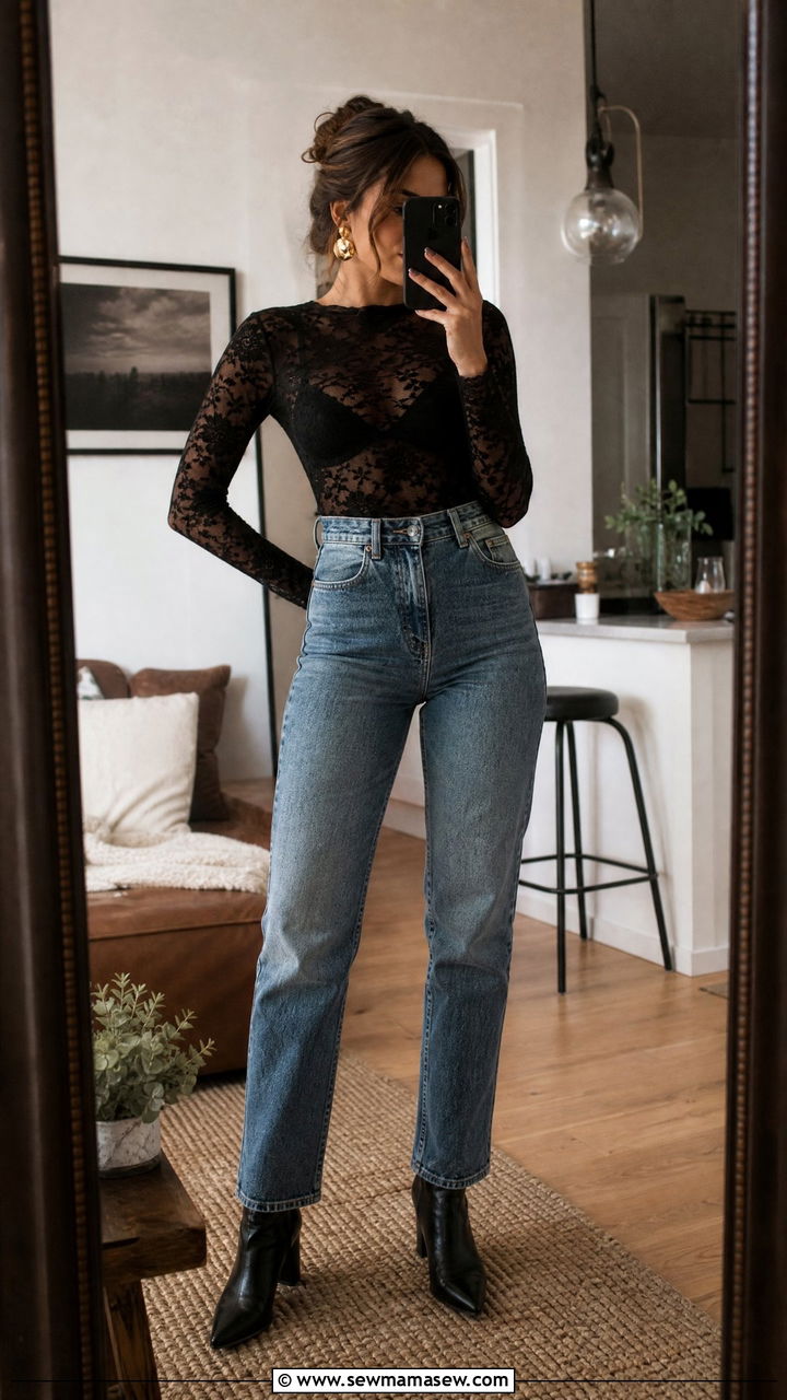 Lace Bodysuit With High Waisted Jeans Outfit - 35 lace outfits ideas