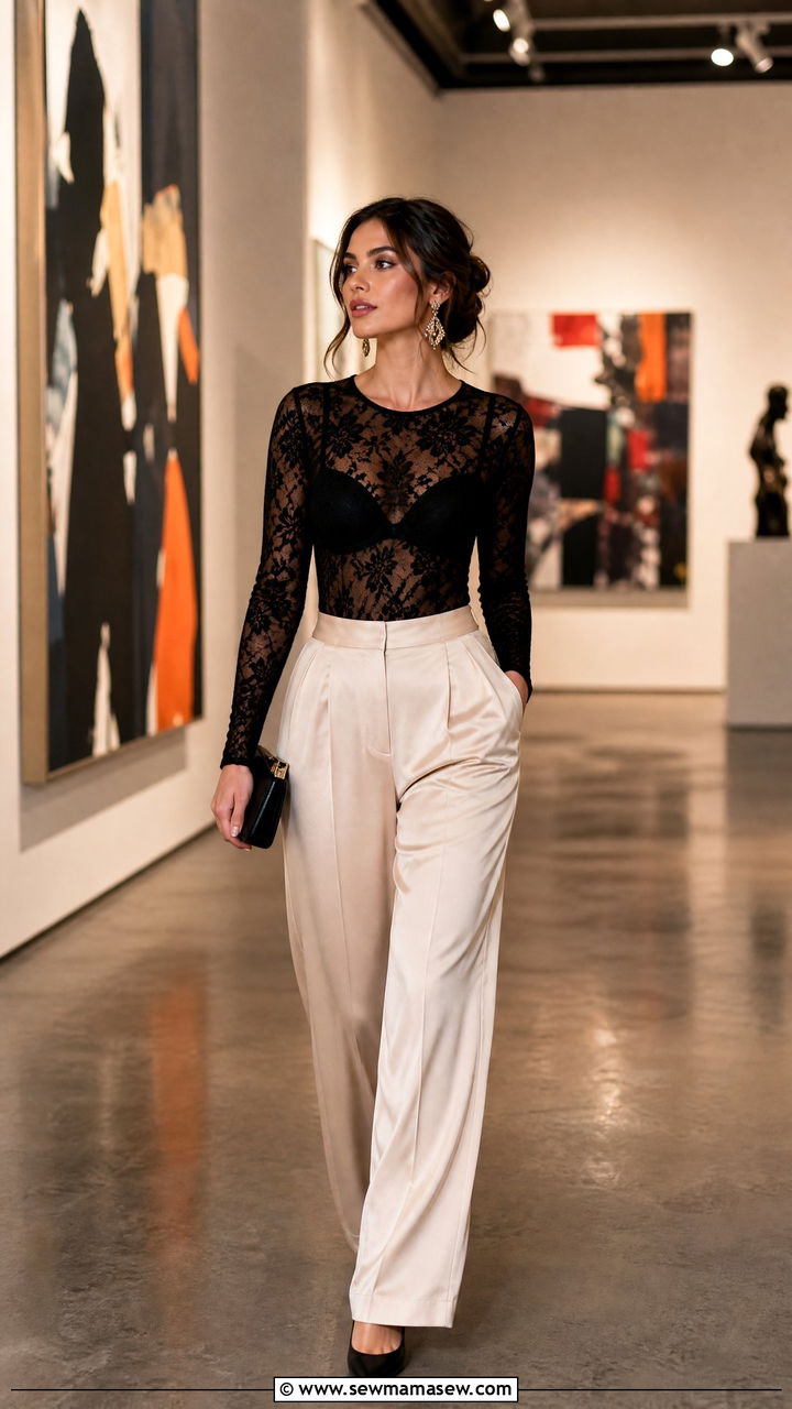 Lace Bodysuit With High Waisted Wide Leg Trousers - 25 classy lace outfits