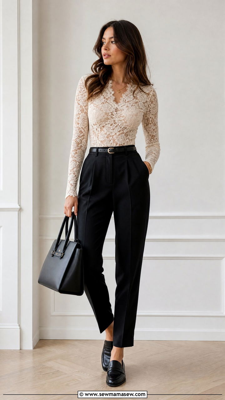 Lace Bodysuit With Tailored Trousers And Loafers - 25 lace outfits to copy