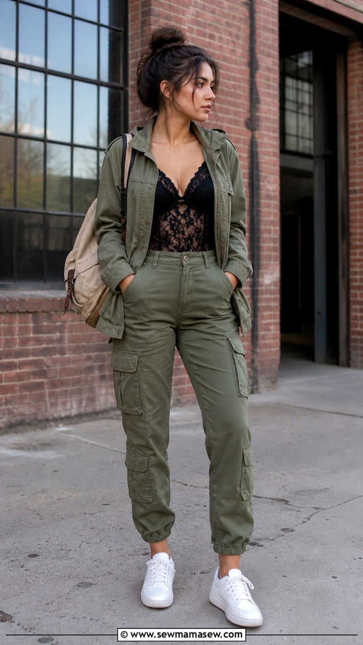 Lace Bodysuit With Utility Jacket Outfit - 40 casual lace outfits