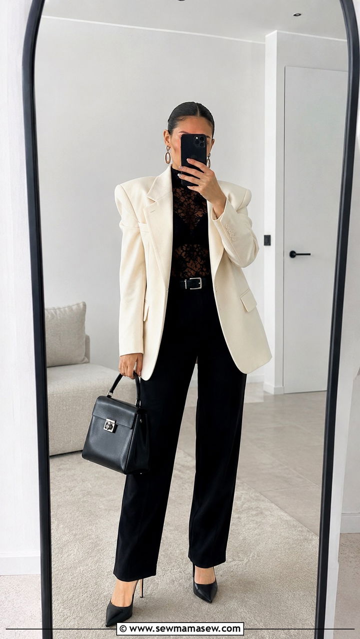 Lace Bodysuit under a Sculptural Shoulder Blazer Outfit - 30 maximalist outfits 2026
