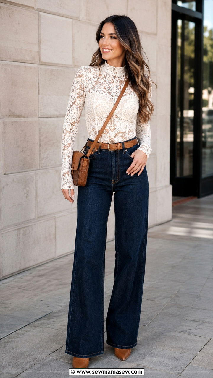Lace Bodysuit with Wide Leg Jeans Outfit - 30 chic country concert outfits for women