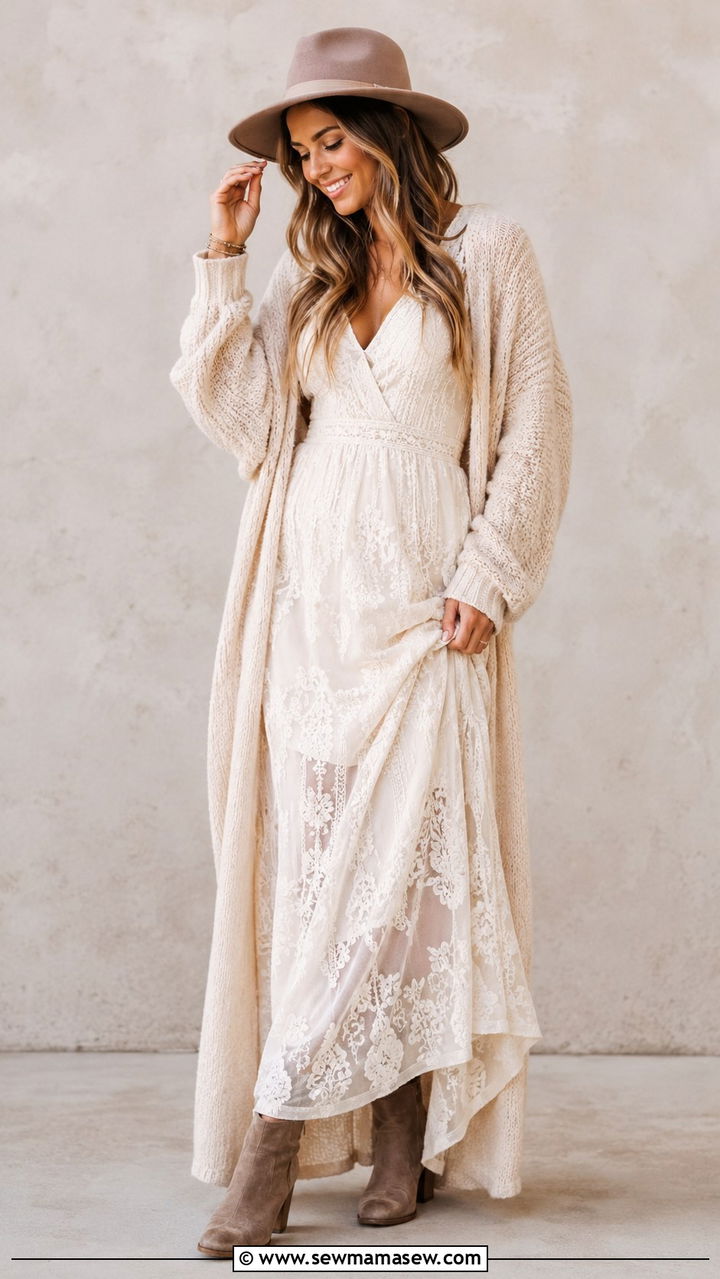 Lace Boho Maxi Dress With Long Cardigan - 25 Boho outfit ideas with maxi dress