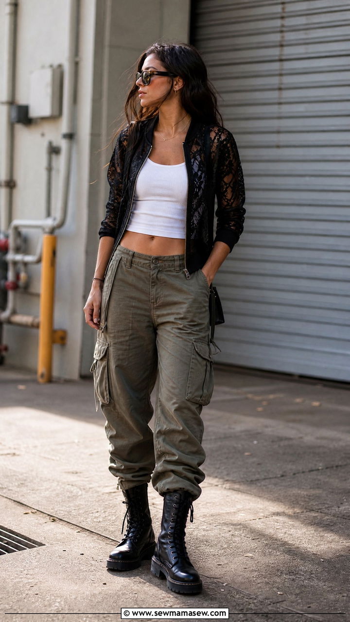 Lace Bomber Jacket With Cargo Pants Outfit - 35 lace outfits ideas